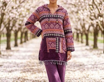 BURGUNDY Tunic Jumper Pullover Sweater, Boho Hippy, Warm Winter UK 8 10 12 14 gift idea