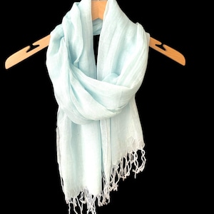 Large BABY BLUE Scarf wrap pashmina, Pale Blue Lightweight Summer Boho style with tassel fringe