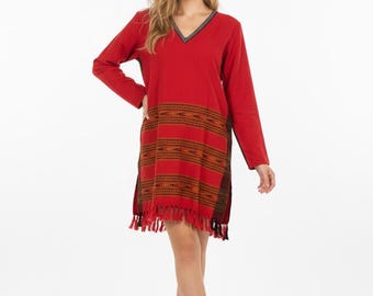 Boho Ruby RED TUNIC top, pullover sweater with embroidery detail