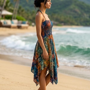 Blue Pink Tie Dye Silk Dress, Boho Fairy Hanky Hem, Recycled Sari, One Size