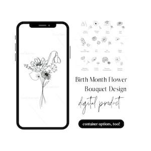 Geburtsmonat Blumenstrauß | Minimalistisch Tattoo Design | Mason Jar, Vase, Wrap Optionen | Familie Blumen | Benutzerdefinierte & Hand gezeichnet | Digitales Produkt