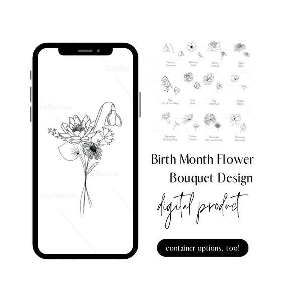 Birth Month Flower Bouquet | Minimal Tattoo Design | Mason Jar, Vase, Wrap Options | Family Flowers | Custom & Hand Drawn | Digital Product