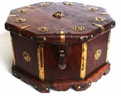Tea Caddy, Antique wooden box, octagon shaped casket with brass ornaments, four compartments separated by a divider. 5E8G9C4K50