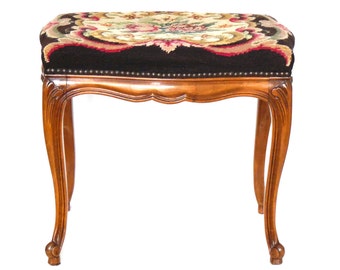 Queen Anne Needlework Floral Stool Antique English Queen Anne Stool, Piano Stool, Foot Stool.  #64AG893K5