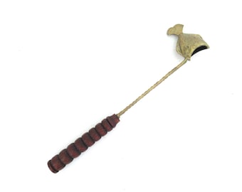 Antique brass candle snuffer with fish, wooden handle. #9CAGFAK5