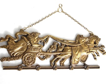 Stunning equestrian wall rack - Antique Brass wall hanging rack with Chariot and Horses - Key Holder.  #7DBG553K5