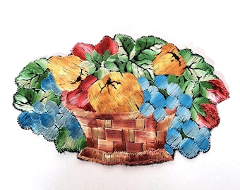 Antique 1930's fruit basket Silk Embroidery Patches, Applique.