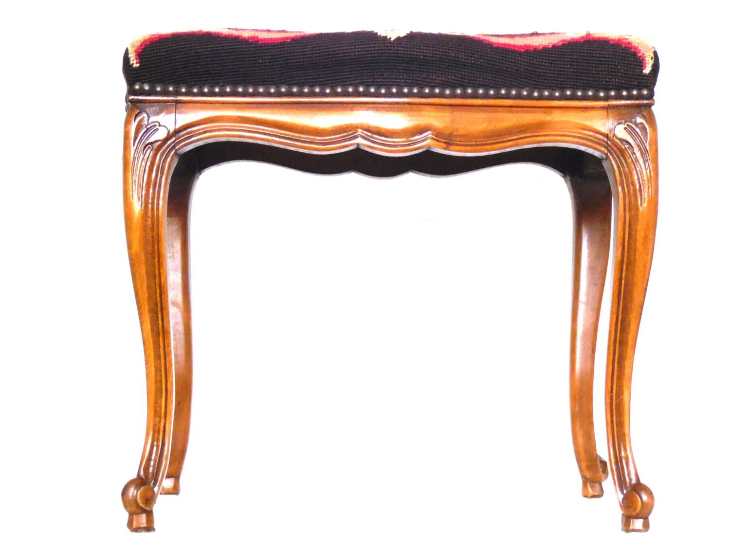 Queen Anne Needlework Floral Stool Antique English Queen Anne Stool