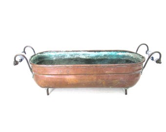 Delft Porcelain Handle Planter: Antique Brass, Blue & White