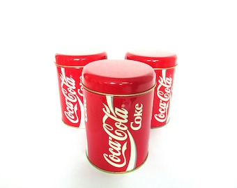 Set of 3 vintage Coca Cola storage tin - canisters  - metal box - red white coca cola coke tin. #646G96K11