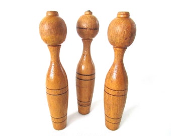 Set of 3 wooden Skittles Vintage Bowling Pins, Cones. #773G4BK5