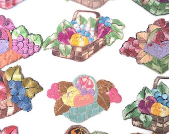 Antique 1930's Silk Embroidery Patches, fruit basket Applique.