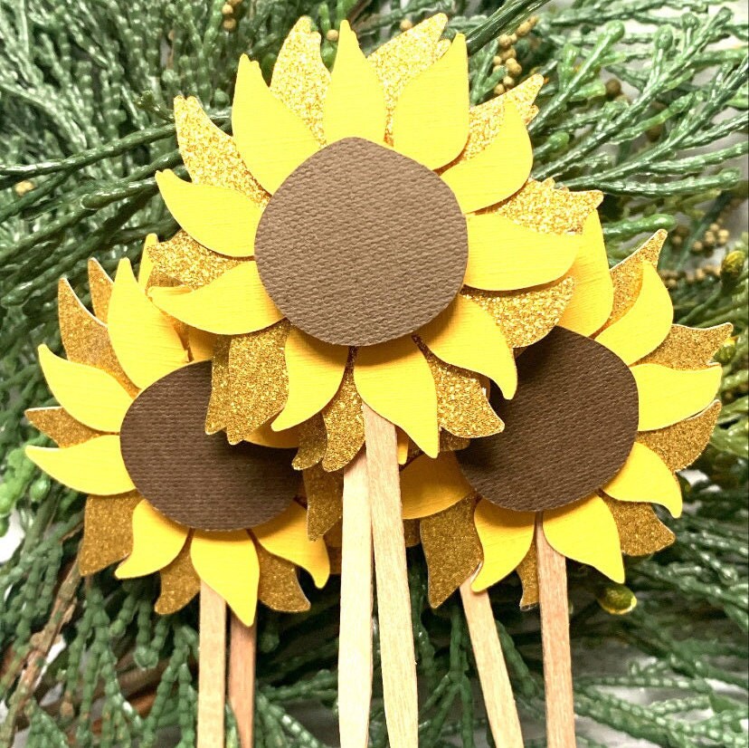 Sunflower cupcake toppers Sunflower birthday decor Sunflower wedding decor Sunflower baby shower Sunflower decorations SET OF