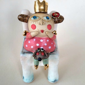 Handmade Ceramic Figurine: Girl with Dog, Golden Crown Art Doll, Ceramic angel