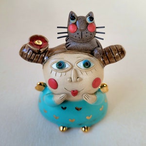Handmade angel and little cat  art figurine, Stoneware and porcelain art with genuine gold