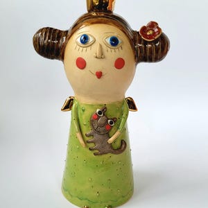 Handmade ceramic sculpture, Ceramic angel and little cat, Ceramic art doll, High quality ceramic pottery with genuine gold