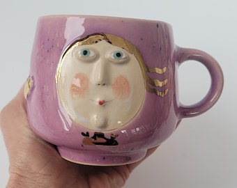 Handmade Angel Mug: Stoneware and Porcelain Pottery with Gold Details