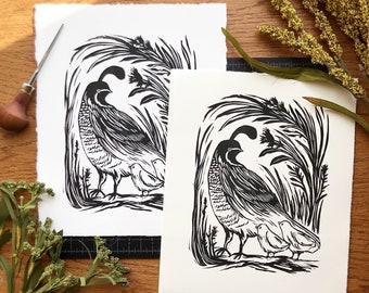 Mini Birds Series Hand printed California quail on 8 x 10 heavy weight paper