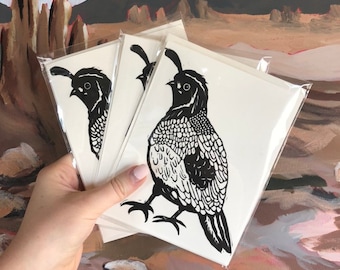 Bird Linocut Card, Gambel's Quail Cute Linocut Block Print Greeting Card Original Handmade Bird Art