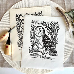 Handmade Barn Owl Linocut Print: Southwestern Bird Art