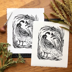 Mama Quail Linocut Print: Handmade Bird Art