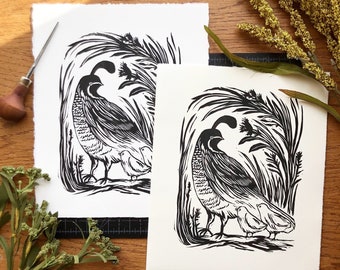 Mama Quail Bird Linocut, Block Print, Gift for Mom, Handmade Cute Southwestern Bird Art Print