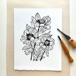 Peony Linocut Print: Handmade Floral Block Print Wall Art