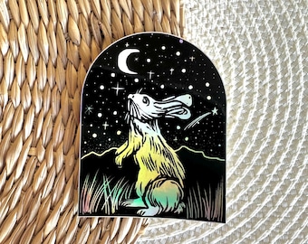 Holographic Rabbit Sticker: Stargazing Linocut Vinyl Art