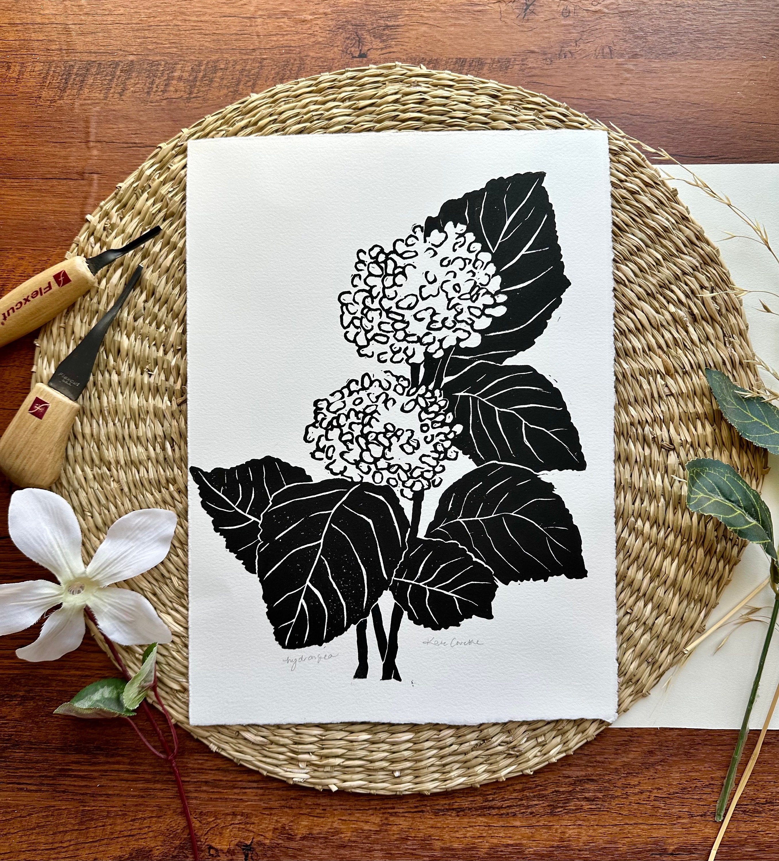 Hydrangea Flower Original Linocut, Block Print Handmade Wall Art