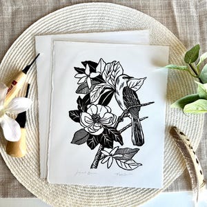 Linocut Bird Print: Handmade Mockingjay & Blooms Art