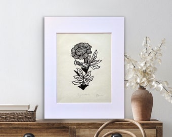 Chrysanthemum Flower Matted Linocut Block Print Original Handmade Floral Art