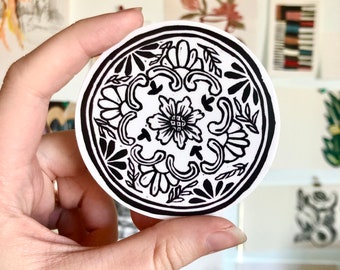Plate Sticker, Vinyl Die Cut Sticker, Original Illustration Graphic Art, Kitchen Linocut Print Design