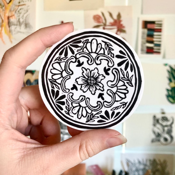 Plate Sticker, Vinyl Die Cut Sticker, Original Illustration Graphic Art, Kitchen Linocut Print Design