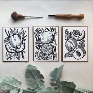 Fruit Linocut Card Set of 3, Block Print Greeting Card Original Cute Handmade Art Blank Notecard
