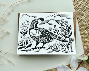 Quail Linocut Greeting Card, Handmade Block Print