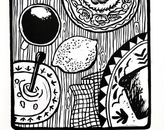 Sunday Breakfast Original Linocut Art Print