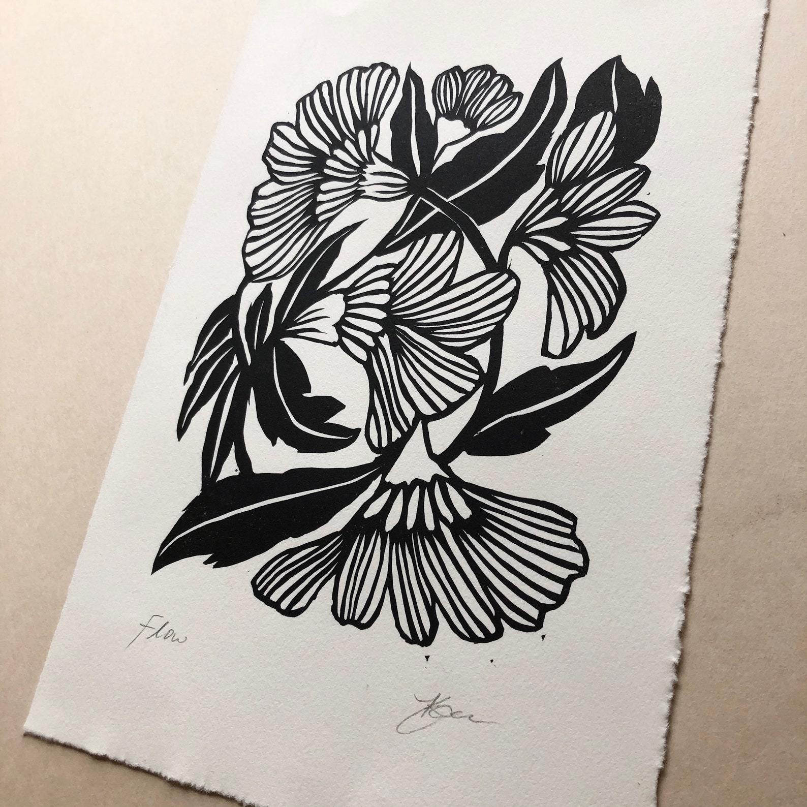 Flow Flower Original Linocut Block Print Handmade Art Floral | Etsy