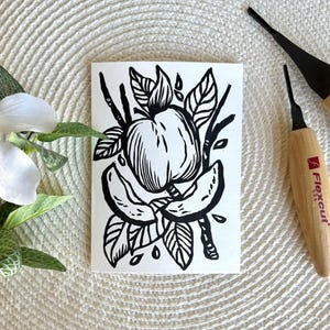 Apple Fruit Linocut Block Print Greeting Card Original Cute Handmade Art with Branches and Leaves