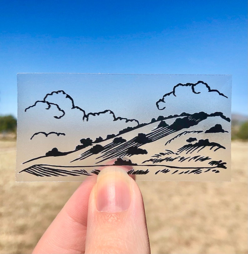 Linocut Landscape Sticker: Transparent Vinyl Art image 1