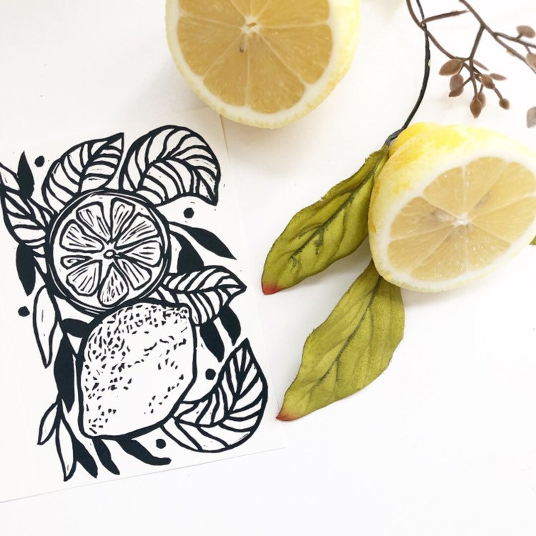 Lemon Fruit Linocut Card Block Print Greeting Card Original Cute ...