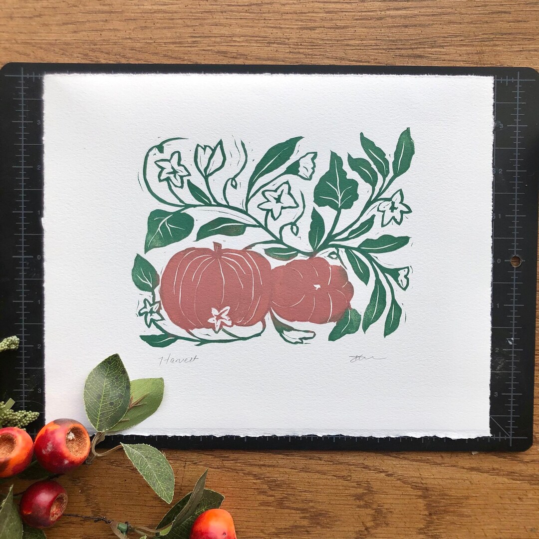 Pumpkin Linocut Fall Decor Block Print Handmade Cute Art - Etsy