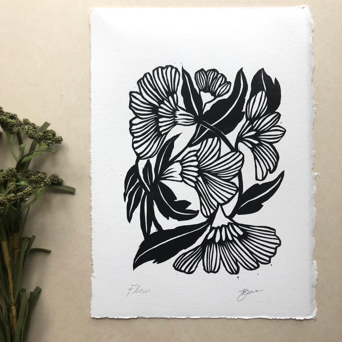 Flow Flower Original Linocut Block Print Handmade Art Floral | Etsy