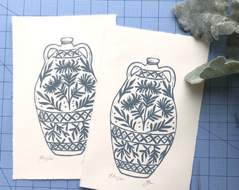 Blue Vase Linocut Print, Pottery Design Original Handmade Block Print, Home Decor Wall Art