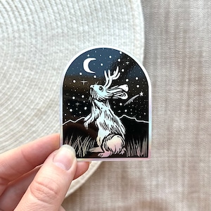 Holographic Jackalope Sticker: Linocut Print Vinyl Art