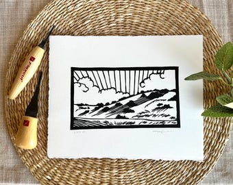 Landscape Linocut, Home Decor, Original Block Print Handmade Southwestern Landscape Art