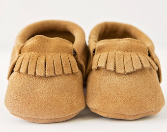 Caramel Brown Organic Suede Leather Baby Moccasins