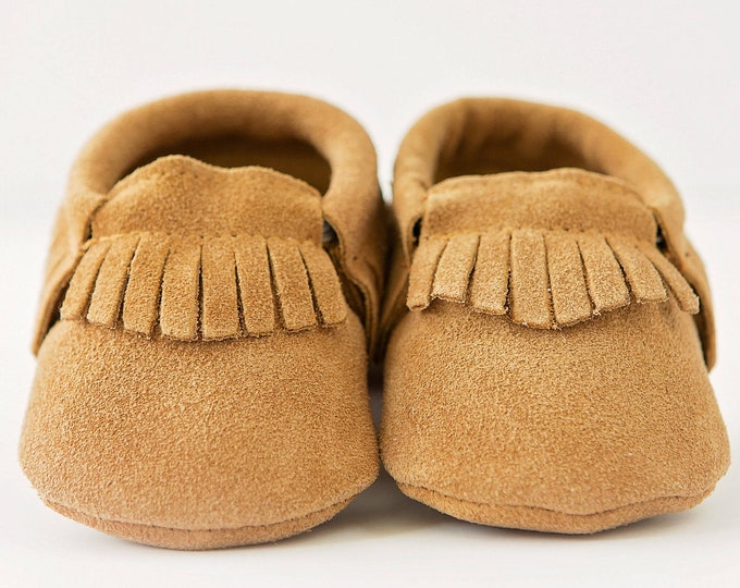 Featured listing image: Caramel Brown Organic Suede Leather Baby Moccasins
