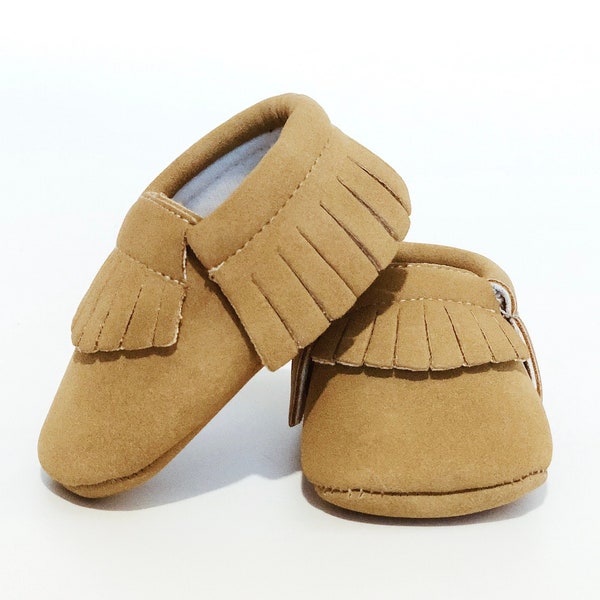 Weathered Brown Suede Vegan Baby Moccasins Handmade Sizes 1-5