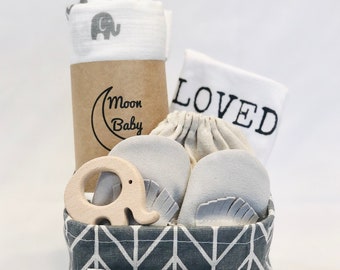 Organic Baby Gift Basket - Grey Elephant - moccasins, wooden toy, blanket, Onesie, Loved