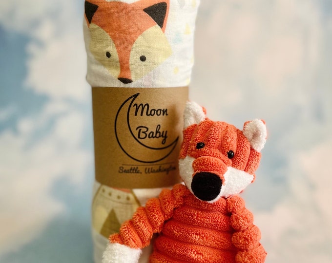 Featured listing image: Orange Fox Organic Bamboo Muslin Baby Swaddle Blanket and Stuffed Animal Plush Gift Set